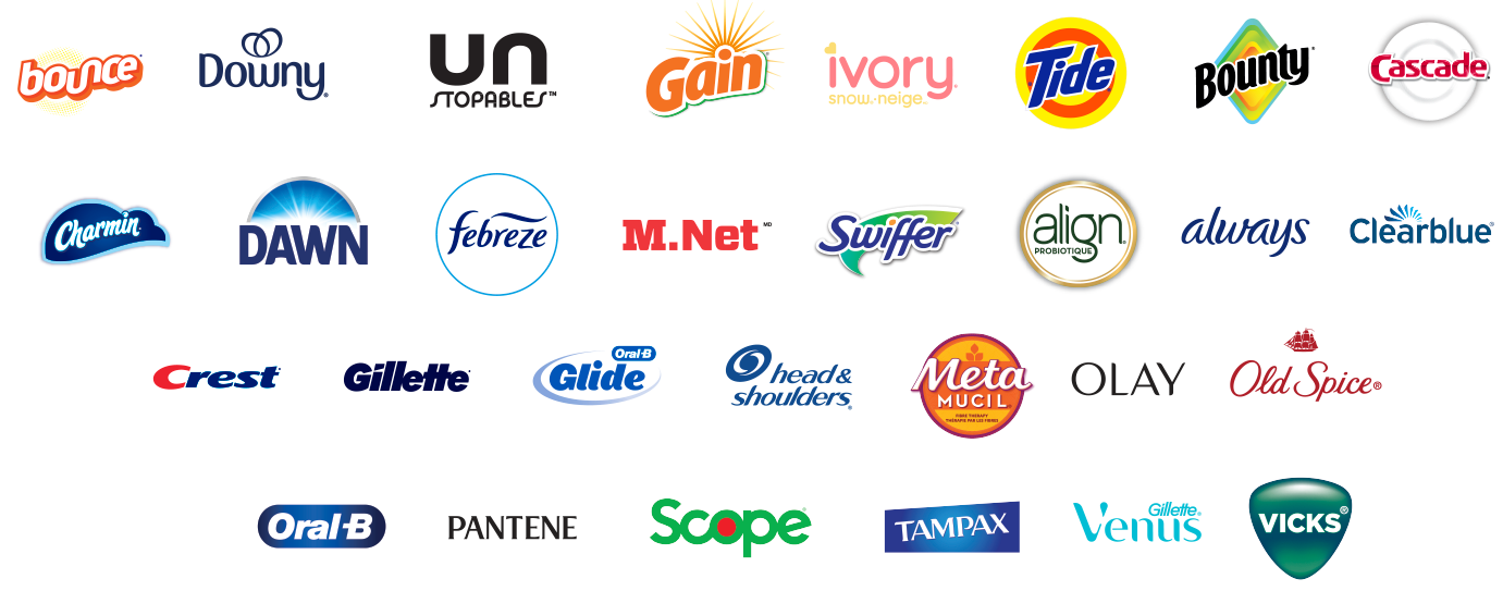 † Marques P&G participantes: Bounce, Downy, Downy Unstopables, Gain, Ivory Neige, Tide, Bounty,  Cascade, Charmin, Dawn, Febreze, M. Net, Swiffer, Align, Always, Clearblue, Crest, Gillette, Head &  Shoulders, Herbal Essences, Metamucil, Olay, Old Spice, Oral-B, Oral-B Glide, Pantene, Scope, Tampax,  Venus,Vicks (excluant le Québec). La disponibilité et les produits participants peuvent varier selon  l’emplacement. † Sont exclus : les produits Braun, moniteur de fertilité Clearblue, essence de soin du visage SK-II, brosse  à dents électrique Oral-B iO Nettoyage professionnel (paquet de 2), Vicks (Québec seulement). † Sont exclus : les produits Braun, le moniteur de fertilité Clearblue, l’essence de soin du visage SK-II, la brosse à dents électrique Oral-B iO Nettoyage professionnel (paquet de 2), les produits Vicks (au Québec seulement). La disponibilité et les produits participants peuvent varier selon l’emplacement.